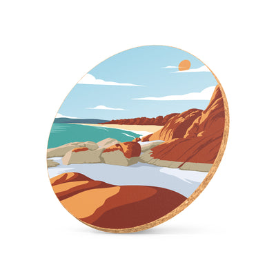 Illustrated cork coaster featuring Bay of Fires artwork