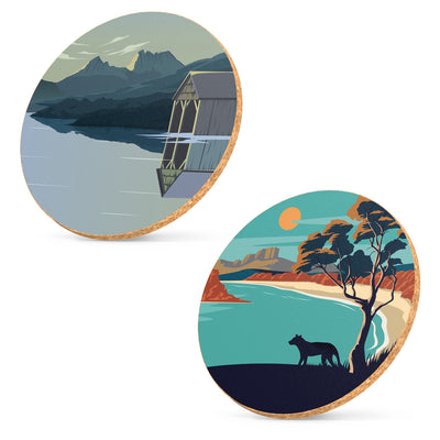 Two illustrated cork coasters featuring Cradle Mountain artwork