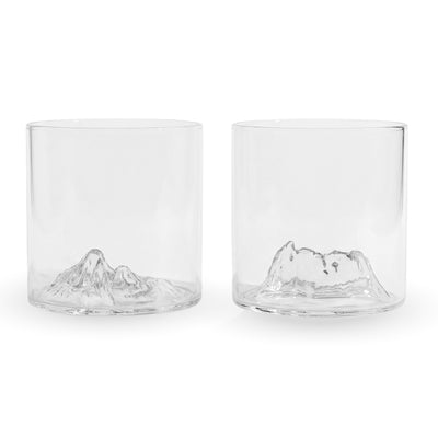 Pair of Cradle Mountain old fashioned glasses with the mountain sculpted into each base.