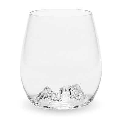 Cradle Mountain stemless wine glass with the mountain silhouette sculpted into the base