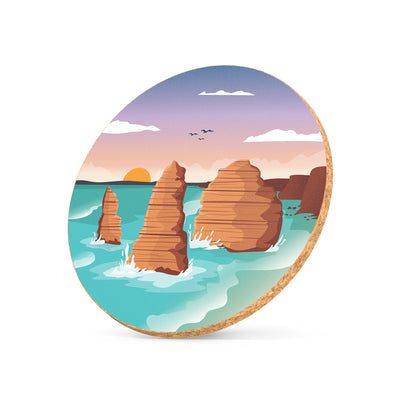 Illustrated cork coaster featuring Twelve Apostles artwork